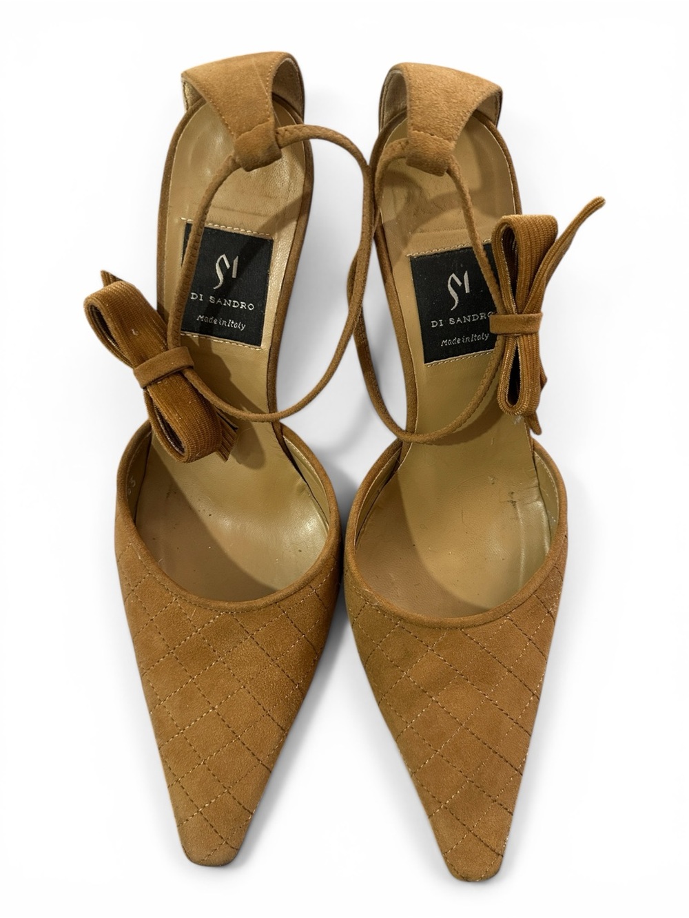 Sandro Tan Quilted Pointed-Toe Suede Ankle Tie Mules